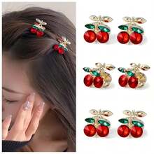 Metal Strip Rhinestone Mini Cherry Hair Clip, Women Girls Cute Rhinestone Claw Clip, Small Cherry Claw Clip For Half-Up Ponytail, Decorative Rhinestone Hair Accessory - Multicolor - View 1