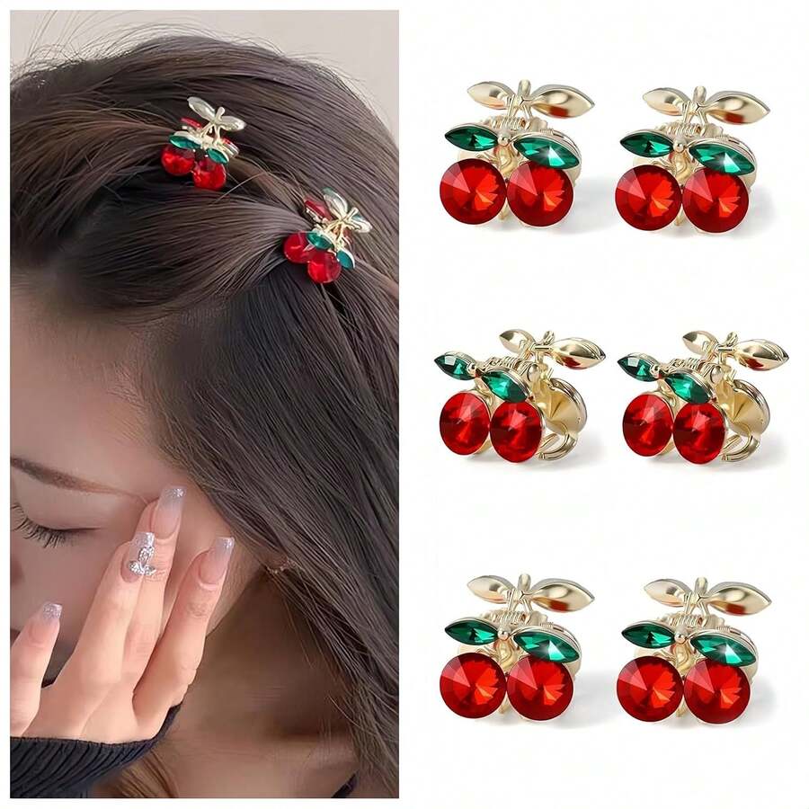 Metal Strip Rhinestone Mini Cherry Hair Clip, Women Girls Cute Rhinestone Claw Clip, Small Cherry Claw Clip For Half-Up Ponytail, Decorative Rhinestone Hair Accessory - Multicolor - View 1