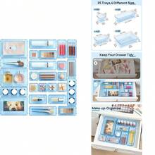 25 PCS Clear Plastic Drawer Organizers Set, 4-Size Versatile Bathroom And Vanity Drawer Organizer Trays, Storage Bins For Makeup, Bedroom, Kitchen Gadgets Utensils And Office |   4-Size Multi-Purpose Storage Trays For Makeup, Jewelry, Bedroom Closet, - Clear Blue - View 1