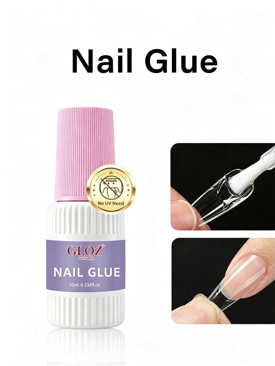 GLOZ 10ml Super Strong Nail Glue, Suitable For Acrylic Nails, Nail Tips, Press-On Nails, False Nails, Salon-Grade Brush-On Nail Glue, Easy To Apply, Durable And Long-Lasting - 10ml Pink Cap White Bottle - View 1