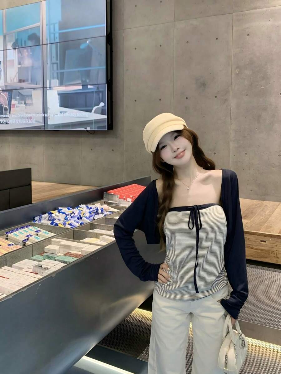 New Women's Korean Style Striped Tie-Front Tube Top 2 Pieces Set, Summer Minimalist Short Camisole Cardigan Top - Royal Blue - View 1