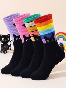 4 Pairs Rainbow Striped Colorblock Cat Pattern Women's Mid-Calf Socks, Soft And Comfortable, Suitable For Daily Wear - Multicolor - View 6