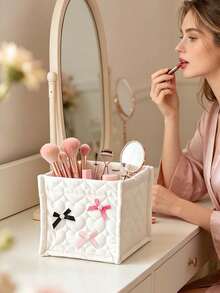 Heart Quilted Fabric Storage Basket With Pearl Bow, Desktop Cosmetic Organizer, Cute Bow Storage Box, Makeup Brush Holder, Stationery Organizer, Sweet Room Decor Box, Suitable For Dormitory Bedroom Cosmetic And Miscellaneous Storage, Back To School Dorm Essentials, Birthday Gift - Multicolor - View 3