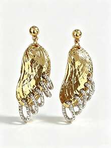 2 pièces Boucles d'oreilles pendantes asymétriques élégantes et exquises avec feuilles et franges, incrustées de CZ en métal doré, convenant pour les fêtes, les rassemblements, les cadeaux - Doré - Voir 6