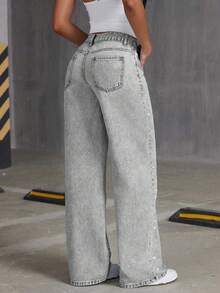 Fashionable Rhinestone Embellished Loose Wide-Leg Jeans For Teenage Girls - Light Grey - View 3