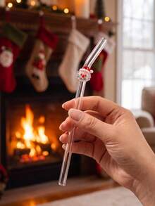 6PCS Clear Bent Glass Straw With Santa Christmas Tree Wreath Decor, Reusable Drinking Straw For Hot Cold Drinks Juice Milk Tea, Suitable For Wedding Birthday Party, Holiday Gift For Lovers Friends, Christmas Halloween Thanksgiving Back To School - Clear - View 7