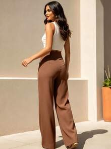 Women's Tailored Wide Leg Pants Wile Leg Elegant Fashion - 鏽棕色 - 查看 3