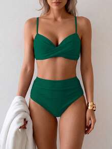 Summer Solid Color Elegant Bohemian Double Strap Sweet Style Two Pieces Bikini Swimsuit Beach Vacation Set - Green - View 4