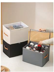 Space Saving Foldable Fabric Shoe Storage Box, Clear Mesh Dustproof Cover With Handle, Multi Compartment Shoe Organizer Container For Wardrobe, Sneakers & Flats - Multicolor - View 2