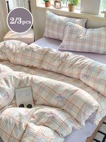 2/3pcs Purple Bow, Multi-Color Plaid Pattern, Japanese Style, Textured, Double Layer Gauze, Super Soft, Sweet & Cute, Suitable For Women's Dressing, Water-Washed Matte Bedding Set, Twin XL Bedding, Dorm Bedding Set, Spring/Summer Style, Double Bed, Queen Bed, King Bed Optional. - Multicolor - View 2