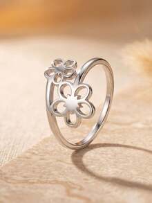 1pc Silver Hollow Flower Ring, Cute Minimalist Jewelry, Suitable For Women's Daily Wear And Student Gift - Silver - View 3