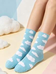 1 Pair Women's Cloud Print Mid-Calf Socks, Suitable For Daily Wear - Blue and White - View 2