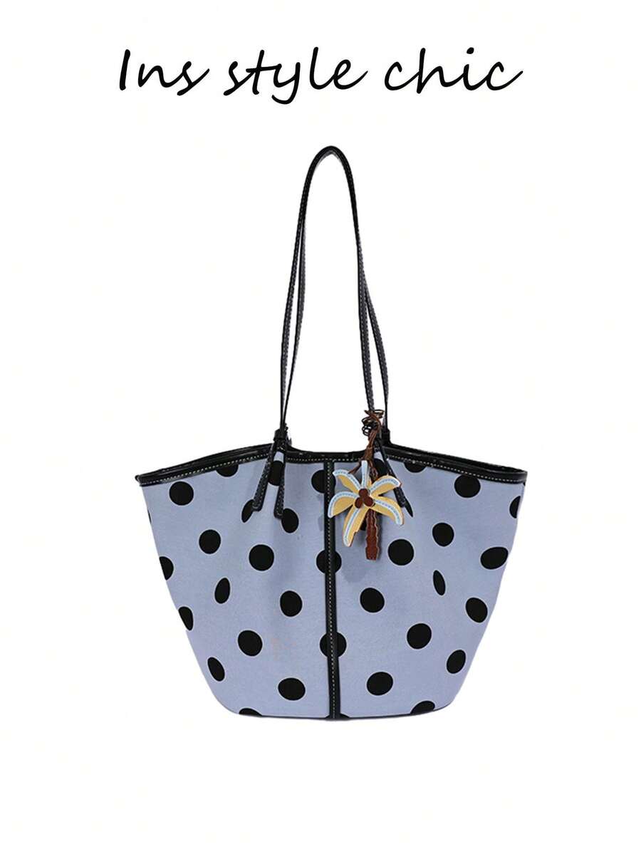 Polka Dot All-Over Print, Large Capacity Storage, Magnetic Closure Design, Casual Tote Bag, Suitable For Students, Daily Commute, Outings, Dates, And Short Trips - Blue - View 1