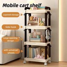 3/4 Tier Multi-Function Rolling Storage Cart With Universal Wheels And Side Hooks, Adjustable Layered Mobile Storage Rack, Suitable For Kitchen, Bathroom, Living Room, Office, University Dormitory Essentials Storage - Coffee Brown - View 3