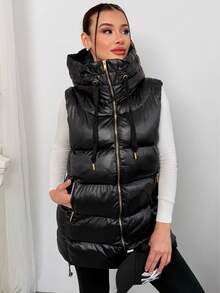 Women's Hooded High Neck Puffer Vest Zip Up Sleeveless Quilted Winter Warm Oversized Padded With Zipper Pockets - Black - View 1