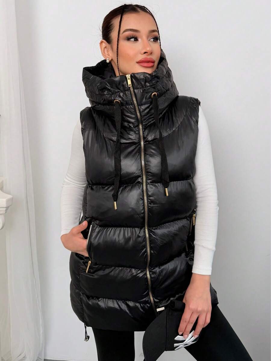 Women's Hooded High Neck Puffer Vest Zip Up Sleeveless Quilted Winter Warm Oversized Padded With Zipper Pockets - Black - View 1