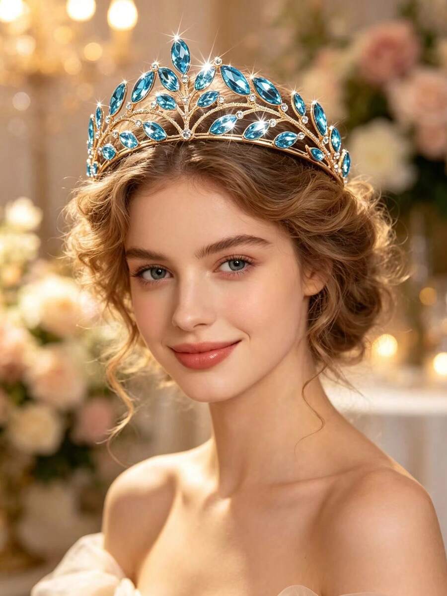 1件女款時尚公主皇冠甜美水鑽生日髮飾髮箍 - 44026湖藍色 - 查看 1