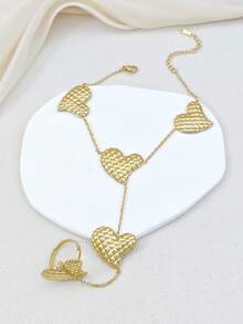 Gold Heart Hand Chain Bracelet For Women, Punk Style Finger Chain Ring Jewelry, Textured Heart Hand Harness Bracelet, Fashion Jewelry Gift For Her - Gold - View 2