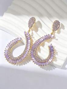 1 Pair Fashion Women's Asymmetrical U-Shaped Rhinestone Drop Earrings, Glamorous Sparkling Exquisite Earrings Suitable For Party And Banquet Wear - Gold & Purple - View 5
