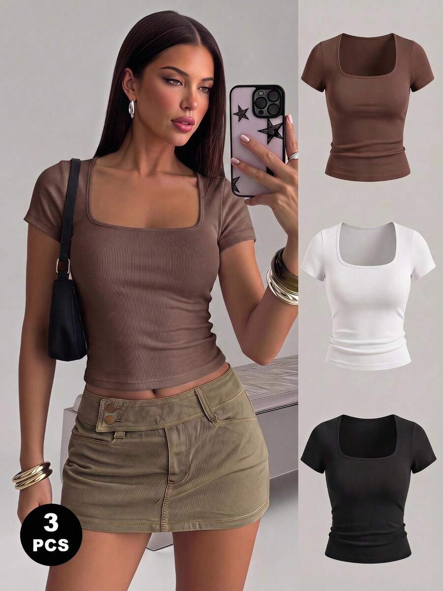 Women's Solid Color Pleated Casual Versatile Daily Outing T-Shirt - Coffee Brown - View 1