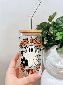 Pink Magic Little Ghost Iced Americano Coffee Glass Straw Cup, Matcha Latte Glass Cup, Halloween Element Design - Dual-Use Cup For Home Decor And Gift - Multicolor - View 13