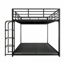 140*200CM Metal Loft Bed / Bunk Bed With Wooden Staircase Storage, Stable Double Bed In Black - Black - View 6