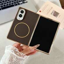 Premium Minimalist Plaid PU Leather Electroplated Phone Shell Compatible With Samsung Galaxy Z Fold 8 Fold 8 Ultra 7 6 5 4 All Inclusive Anti-Drop Business Protective Case Wireless Charging Available - Brown - View 14