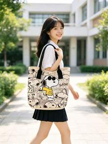1pc Snoopy Print Yellow Canvas Tote Bag, Large Capacity Design, Suitable For Travel, Shopping And Daily Use, Ideal Gift For Birthday, Valentine's Day, Back To School And Graduation Season - A - View 6