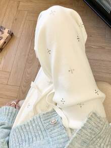 White Rhinestone Embellished Knit Wide Leg Pants, High Waist, Autumn/Winter New Style, Slouchy Chic, Draped, Slimming, Versatile Straight Leg Pants For Women - White - View 2