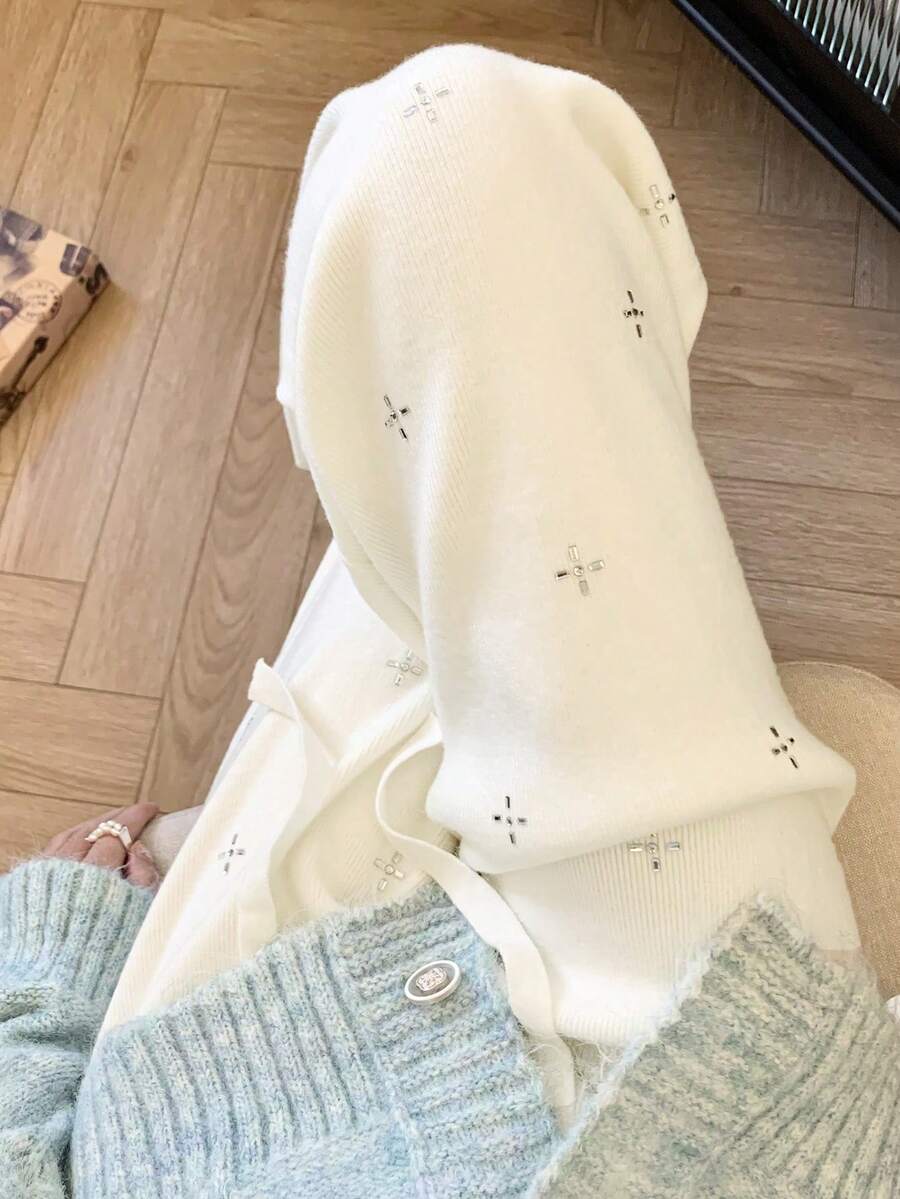 White Rhinestone Embellished Knit Wide Leg Pants, High Waist, Autumn/Winter New Style, Slouchy Chic, Draped, Slimming, Versatile Straight Leg Pants For Women