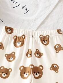 Korean Style Baby Vintage Bear Casual Set, Flocked 3D Bear Crew Neck Top, White Base All-Over Print Bear Elastic Leggings, Infant Toddler Spring Autumn 2-Piece Set - Khaki - View 9