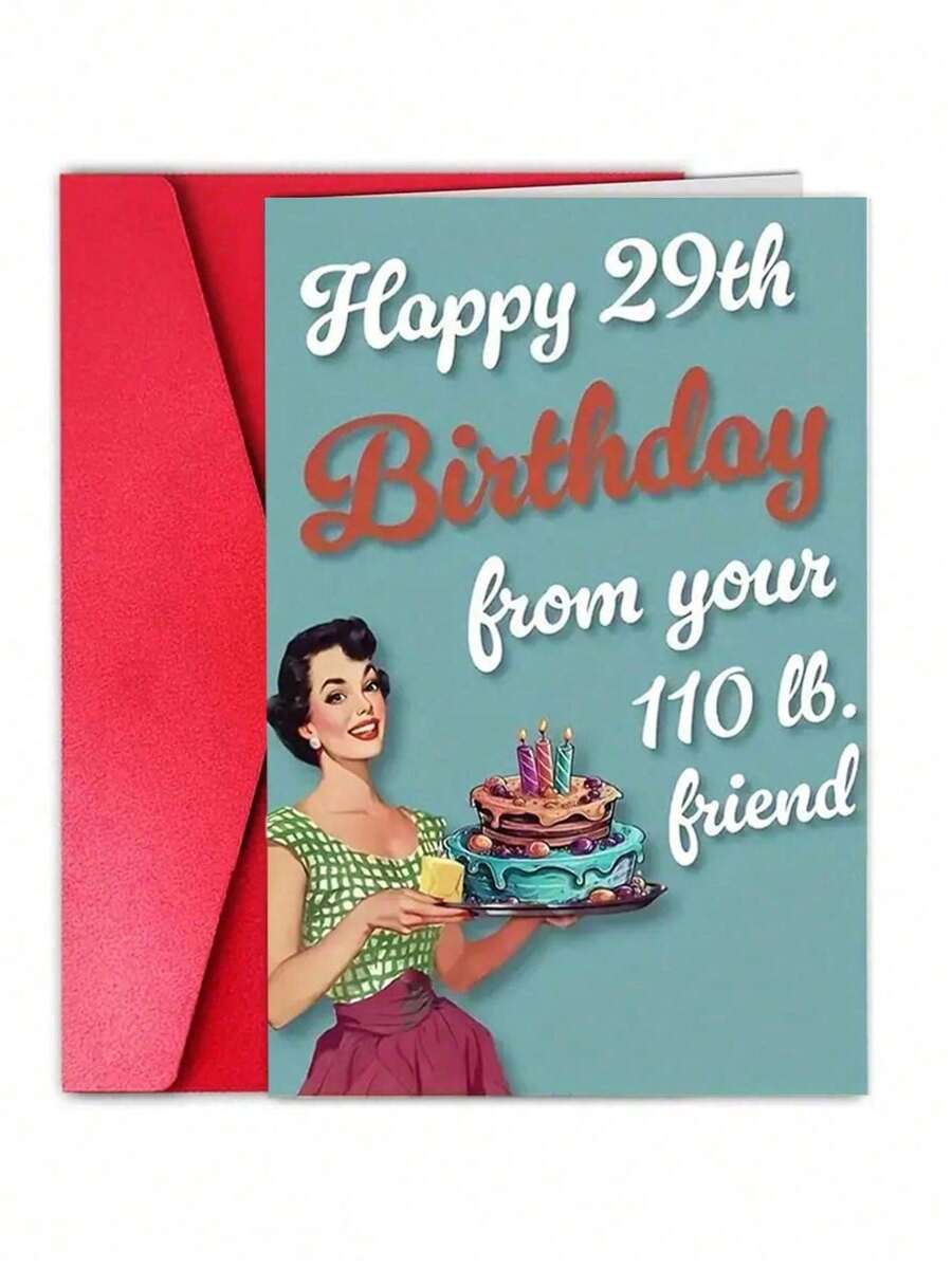 1張復古幽默29歲生日卡，復古女士多層蛋糕插畫，趣味諷刺風格，適合朋友生日慶祝，附信封的生日祝福禮品卡 - A - 查看 1