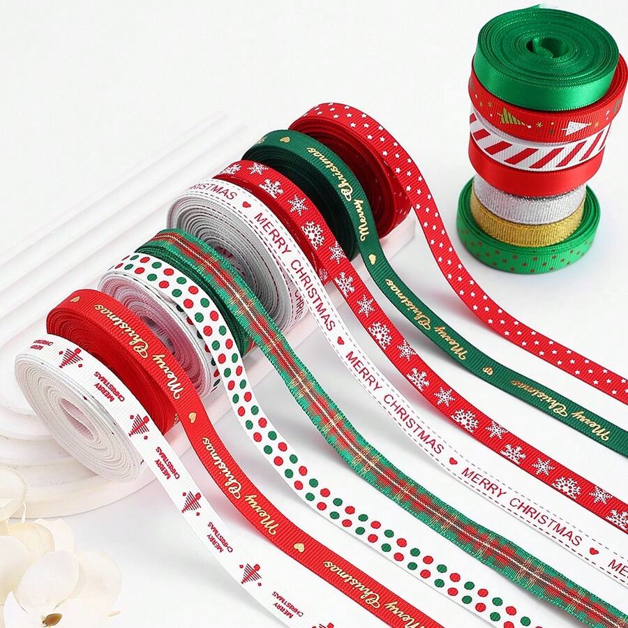 5Yard/Roll 15style Christmas Grosgrain Ribbon Snowflake Christmas Tree Wrapping Ribbon Soft Craft Ribbon Christmas Polyester Satin Golden Silvery Ribbon Hair Bow Clip Accessory For Christmas Gift Packing DIY Craft Home Decor - Christmas Edition - View 1