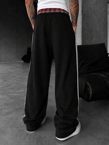 YUNCHIC Los Angeles Embroidered Side Stripe Sweatpants, Plaid Elastic Double Waistband Drawstring Casual Street Joggers - Black - View 4