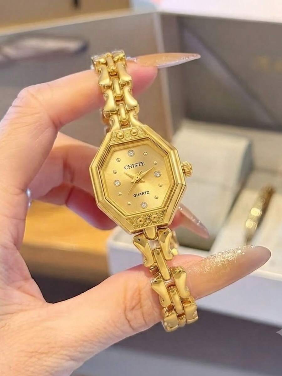 優雅金色水鑽多邊形小錶盤女款石英手錶，時尚手鍊鏈條腕錶，日常休閒奢華正式款，生日禮物情人節禮物聖誕禮物