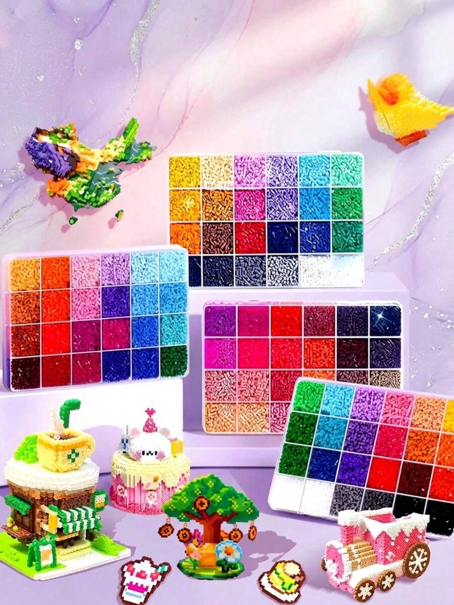 24/48/120/144/168色熔珠DIY手工套組，每色500顆，附鑷子、方形插板、熨燙紙、彩色鑰匙圈裝飾配件與掛繩，適合DIY拼圖、手工飾品，送給手工愛好者的派對禮物