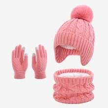 3pcs 2-8 Years Old Boys Girls Warm Set, Single Ball Double Ball Cute Winter Children Solid Color Hat Set - Multicolor - View 9