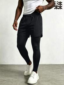 mulinsen Men's 2-In-1 Running Compression Shorts Layered Design Elastic Quick-Dry Training Tight Pants - Black - View 5