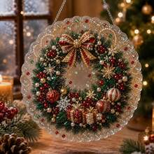 Christmas Pearl Diamond Painting Suncatcher Set 8 Inch, Pre-Assembled Metal Chain, Acrylic Round Plate With Lace Edge, 3D Mixed Size Pearl Beads, Holiday Window Wall Decor - A - View 16