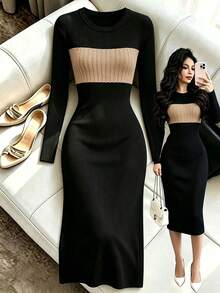 New Women's Autumn Dress, Elegant Colorblock Patchwork, Round Neck, Slim Fit, Cable Knit Ribbed Slit Bodycon Dress - Black - View 1
