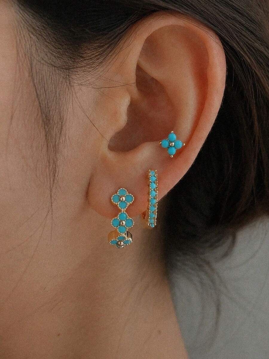 6pcs Exquisite Dazzling Earring Sets Earrings Stack Golden Copper Color Turquoise Color Stone Zirconia Hoop Stack Gifts For Women