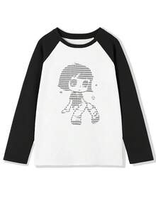 1pc Y2K Korean Japanese Ins Style Women's Color Block Raglan Sleeve Pixel Cartoon Print Casual Versatile Retro Streetwear Loose Long Sleeve White Top - White - View 6