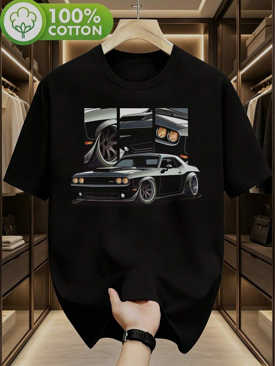 T-shirt estiva casual da uomo a maniche corte con stampa auto, adatta per l'uso quotidiano, traspirante, con scollo rotondo, lavabile in lavatrice, a tema auto per la stagione cald - nero - Visualizzare 1