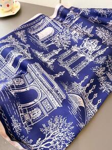 1pc Women's Landscape Pattern Faux Silk Square Scarf, Multi-Functional Fashion Headband Sun Protection Shawl, Suitable For Daily Wear, Vacation, Decorative Ribbon - Navy - View 3