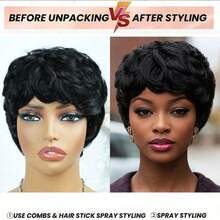 AMECIRE Wig Keriting Hitam Potongan Pixie Wig Rambut Pendek Wanita Wig Rambut Manusia dengan Poni Bentuk Mengembang 4 Inci Topi Jaring Elastis Cocok untuk Pemakaian Sehari-hari - Natural Black - View 4