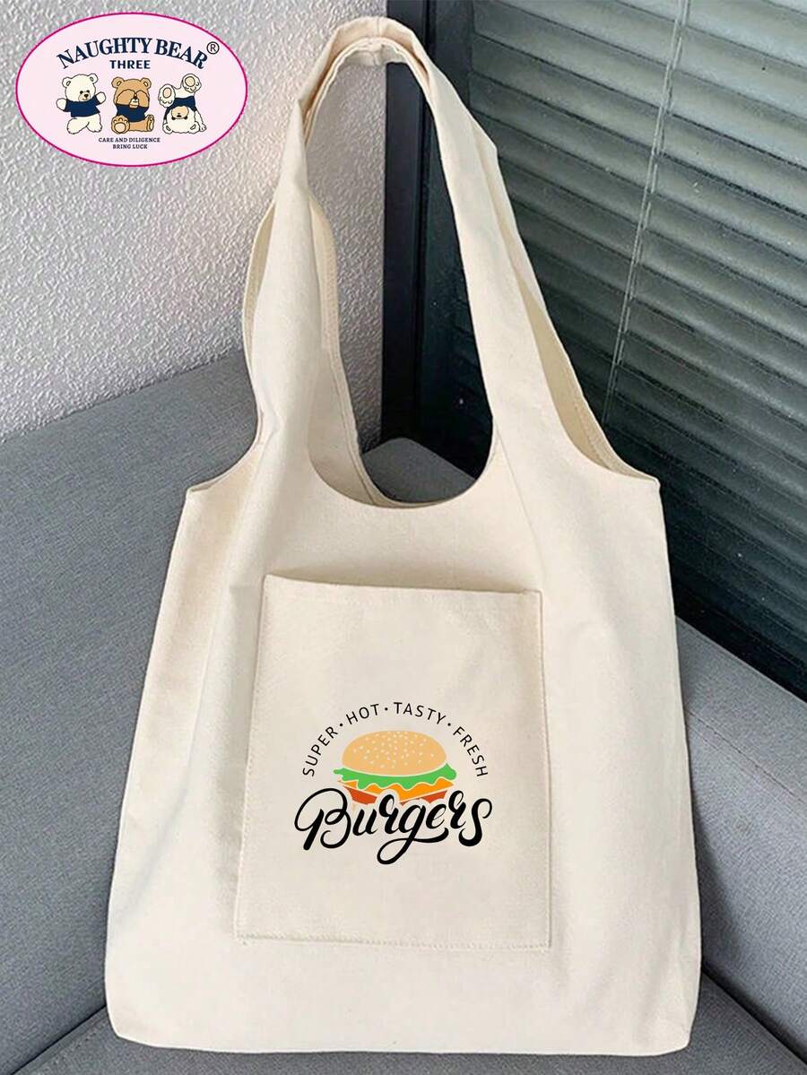 Fashionable Minimalist Versatile Cartoon Print Canvas Bag - Beige - View 1