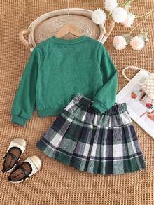 2pcs Tween Girls Sweater Set, Green 3D Floral Long Sleeve Sweater With Vintage Plaid Bow Pleated Skirt, Spring/Autumn Fashion Outfit - Green - View 2