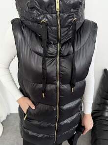 Women's Hooded High Neck Puffer Vest Zip Up Sleeveless Quilted Winter Warm Oversized Padded With Zipper Pockets - Black - View 5