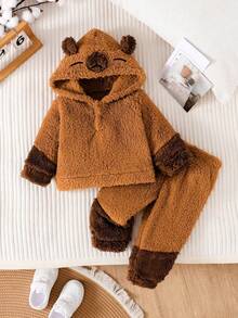 H HIBOBI 2pcs/Set Baby Boy Capybara Plush Hooded Outfit, Autumn/Winter Warm Fleece Jacket + Pants Casual 2 Pieces Set 12M-4Y - Brown - View 2