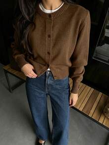 2026 New Fall Clothes For Women Fashionable Casual Solid Crew Neck Ribbed Button Long Sleeve Sweater Knit Cardigan - Brown - View 6